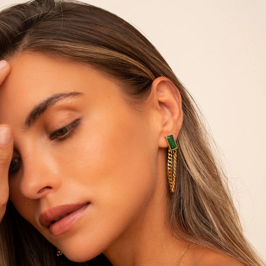 EMERALD CUBAN DANGLE EARRINGS - GOLD - Rinsedlight